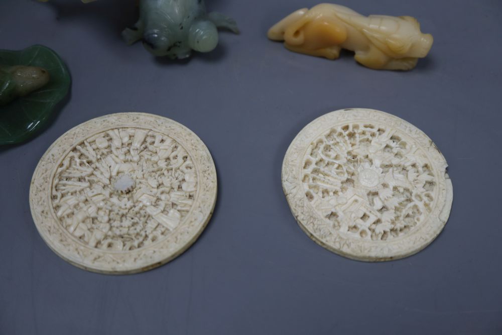 Six Chinese carvings: two ivory, three jade and another